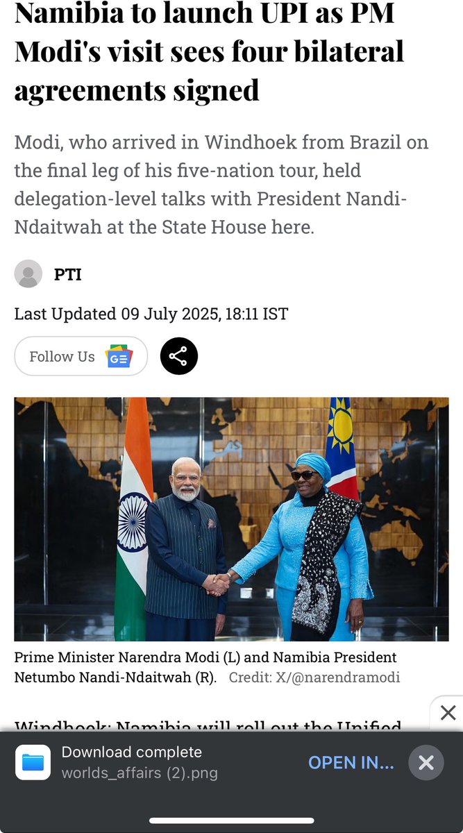 worlds_affairs's tweet photo. 🇮🇳📲 Namibia becomes the latest country to adopt India’s UPI!
After Brazil, UAE, Singapore & France — now Namibia will roll out UPI across its financial system, following PM Modi’s visit.
#Namibia #namibiavisit #UPI #NarendraModi https://t.co/L3igIsBty6