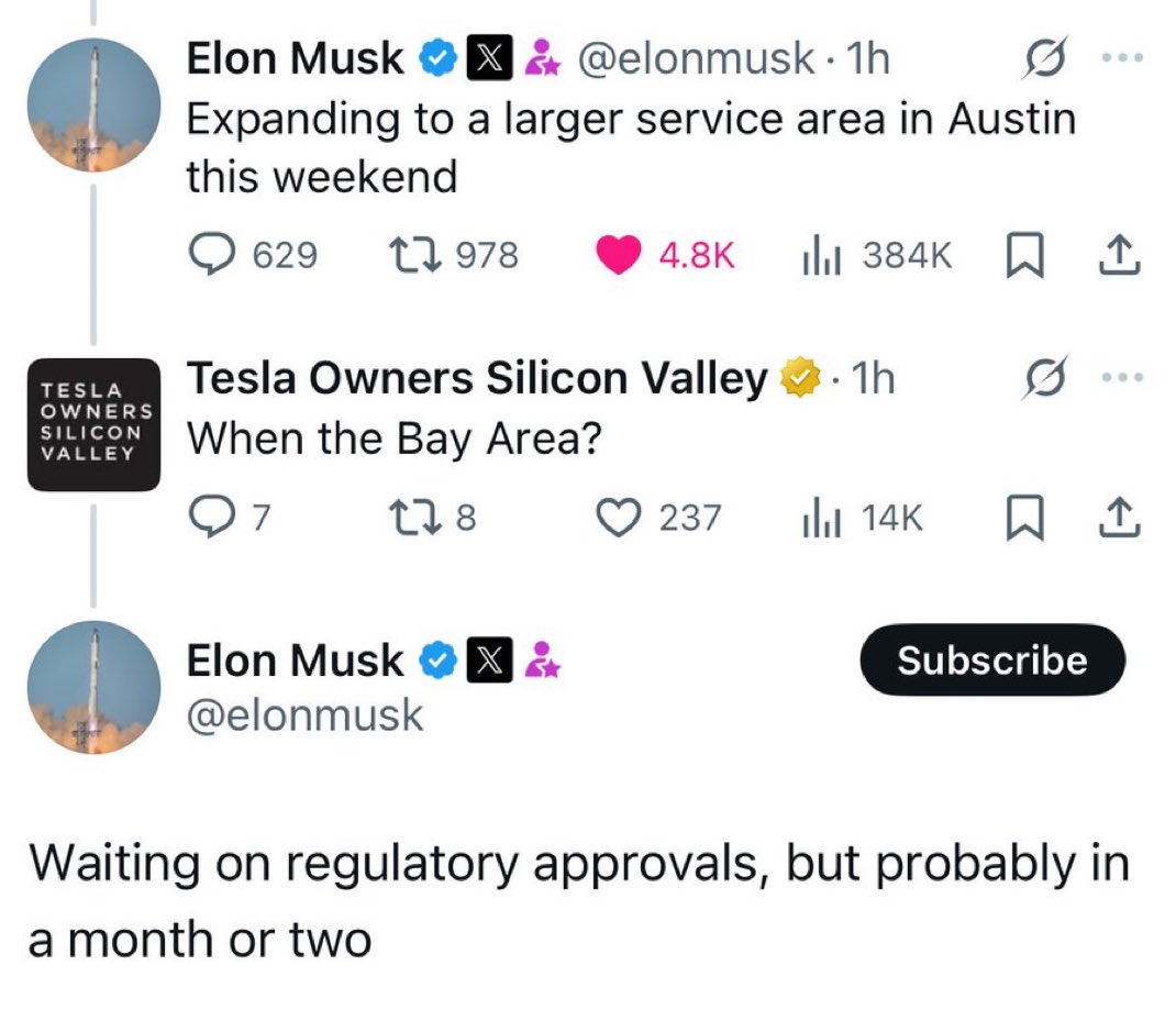 $TSLA TO LAUNCH ROBOTAXI SERVICE IN BAY AREA WITHIN TWO MONTHS