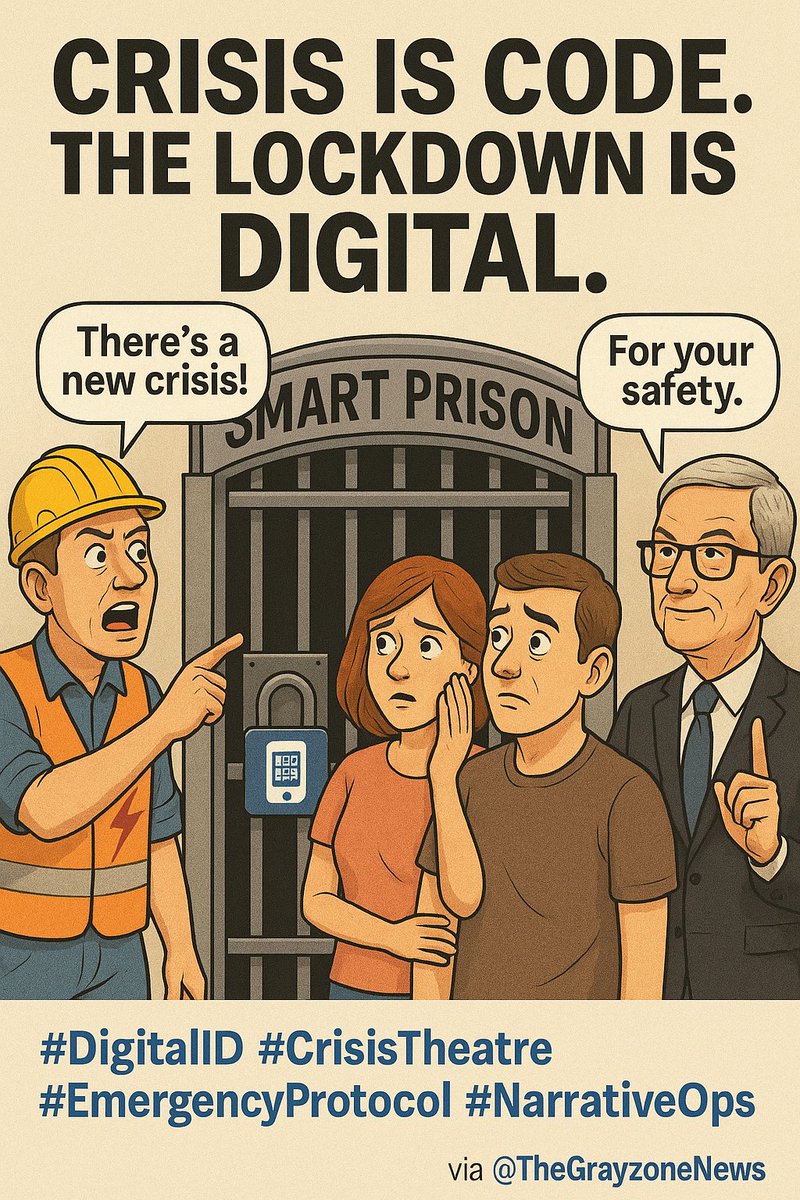DeepArchivist's tweet image. ⚠️ CRISIS IS CODE. THE LOCKDOWN IS DIGITAL.

They manufacture fear, then sell us “safety.”
From pandemics to power grids—it’s all scripted.

The result? A smart prison you’ll subscribe to.
Not with chains. But with consent.

#DigitalID #CrisisTheatre #EmergencyProtocol…