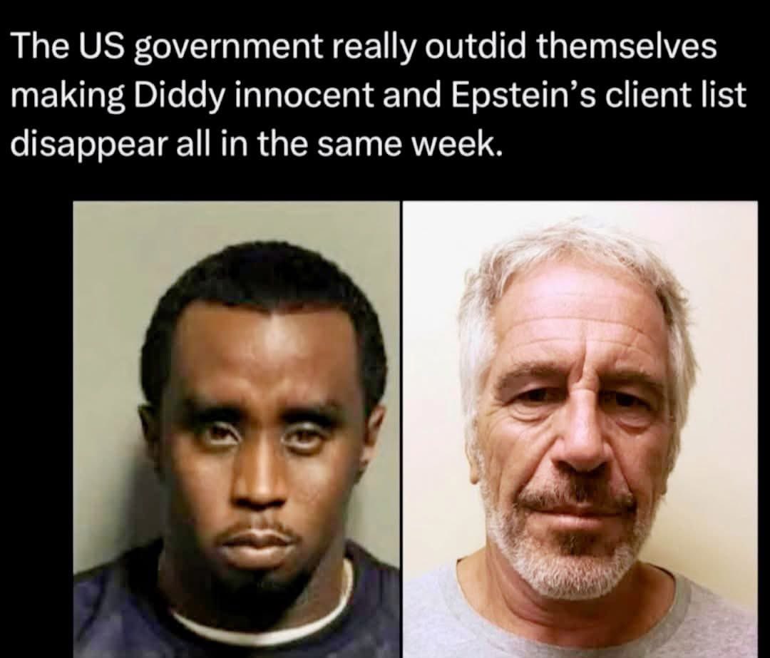 πΏππ π·ππππππβ’οΈ (@cl4ws_out) on Twitter photo The US government really outdid themselves making Diddy innocent and Epstein's client list disappear all in the same week. π The US government really outdid themselves making Diddy innocent and Epstein's client list disappear all in the same week. π