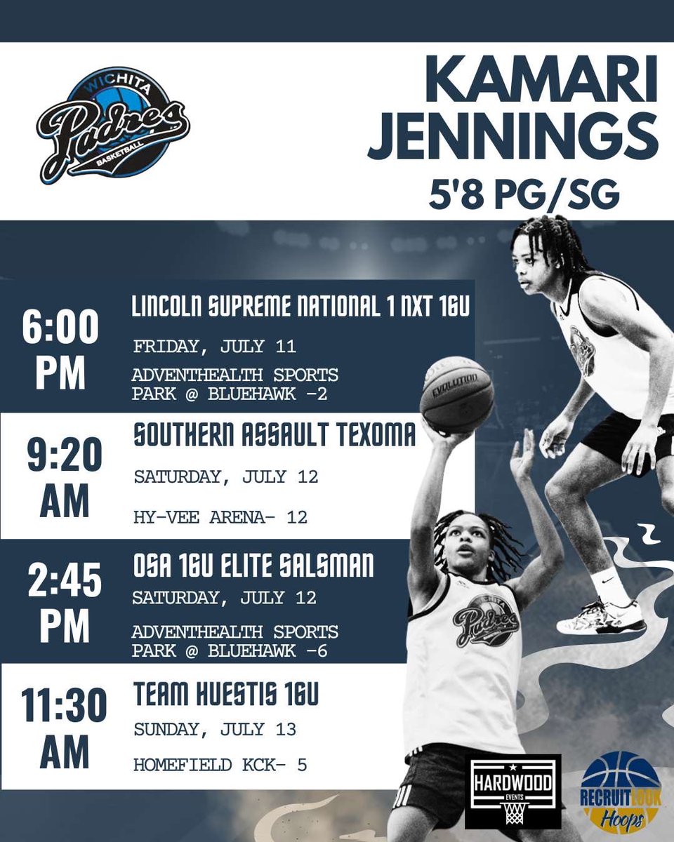 Kamari Jennings (@kamarijennings) on Twitter photo Back on the clock this weekend ⏰ at the <a href="/RL_Hoops/">RecruitLook Hoops</a> & <a href="/HardwoodEvents/">Hardwood Events</a> classic in KC 🏀 with the squad <a href="/WPKeimAraujo27/">Wichita Padres Keim Araujo 2027</a> 💪
Coaches, here’s my schedule 📅
Let’s work 🎯🔥 #HardwoodClassic
<a href="/WichitaPadres/">Wichita Padres Basketball</a> @CoachTreal <a href="/MarketAthletes/">Market Athletes</a> <a href="/AYSABasketball/">AmericanYouthSportsAssociation (AYSA)</a> <a href="/RL_HoopsMedia/">RL_HoopsMedia</a> <a href="/yc8thescout/">Clay Sports Scouting Service</a> Back on the clock this weekend ⏰ at the <a href="/RL_Hoops/">RecruitLook Hoops</a> & <a href="/HardwoodEvents/">Hardwood Events</a> classic in KC 🏀 with the squad <a href="/WPKeimAraujo27/">Wichita Padres Keim Araujo 2027</a> 💪
Coaches, here’s my schedule 📅
Let’s work 🎯🔥 #HardwoodClassic
<a href="/WichitaPadres/">Wichita Padres Basketball</a> @CoachTreal <a href="/MarketAthletes/">Market Athletes</a> <a href="/AYSABasketball/">AmericanYouthSportsAssociation (AYSA)</a> <a href="/RL_HoopsMedia/">RL_HoopsMedia</a> <a href="/yc8thescout/">Clay Sports Scouting Service</a>