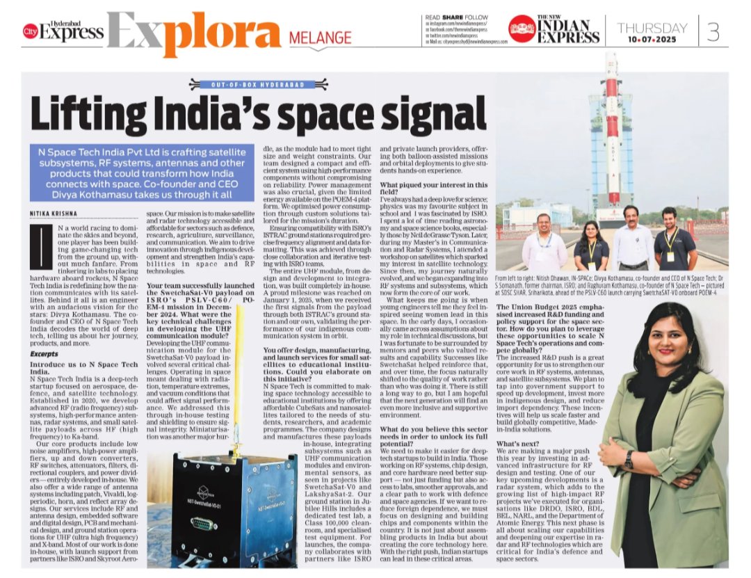 N Space Tech India Pvt Ltd is crafting satellite subsystems, RF systems, antennas &amp; more that could transform how India connects with space. Co-founder &amp; CEO Divya Kothamasu takes us through it all
<a href="/santwana99/">santwanabhattacharya</a> <a href="/Kalyan_TNIE/">Kalyan Chakravarthy</a> <a href="/PrasannaRS2/">Prasanna R S</a> <a href="/Reshmijourno/">Reshmi Chakravorty</a>
Read👇🏻
newindianexpress.com/cities/hyderab…
