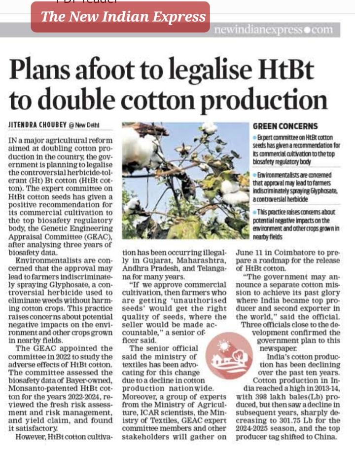 journojitendra's tweet photo. Govt decided to legalise #Herbicide #Tolerant (Ht) Bt #Cotton to increase cotton production. Meanwhile, #HtBt has been illegally grown in Maharashtra& Gujarat on a large scale using deadly #Glyphosate indiscriminately to control weeds to save labour cost.
@GMWatch
@kkuruganti https://t.co/1H9ZsWDFns