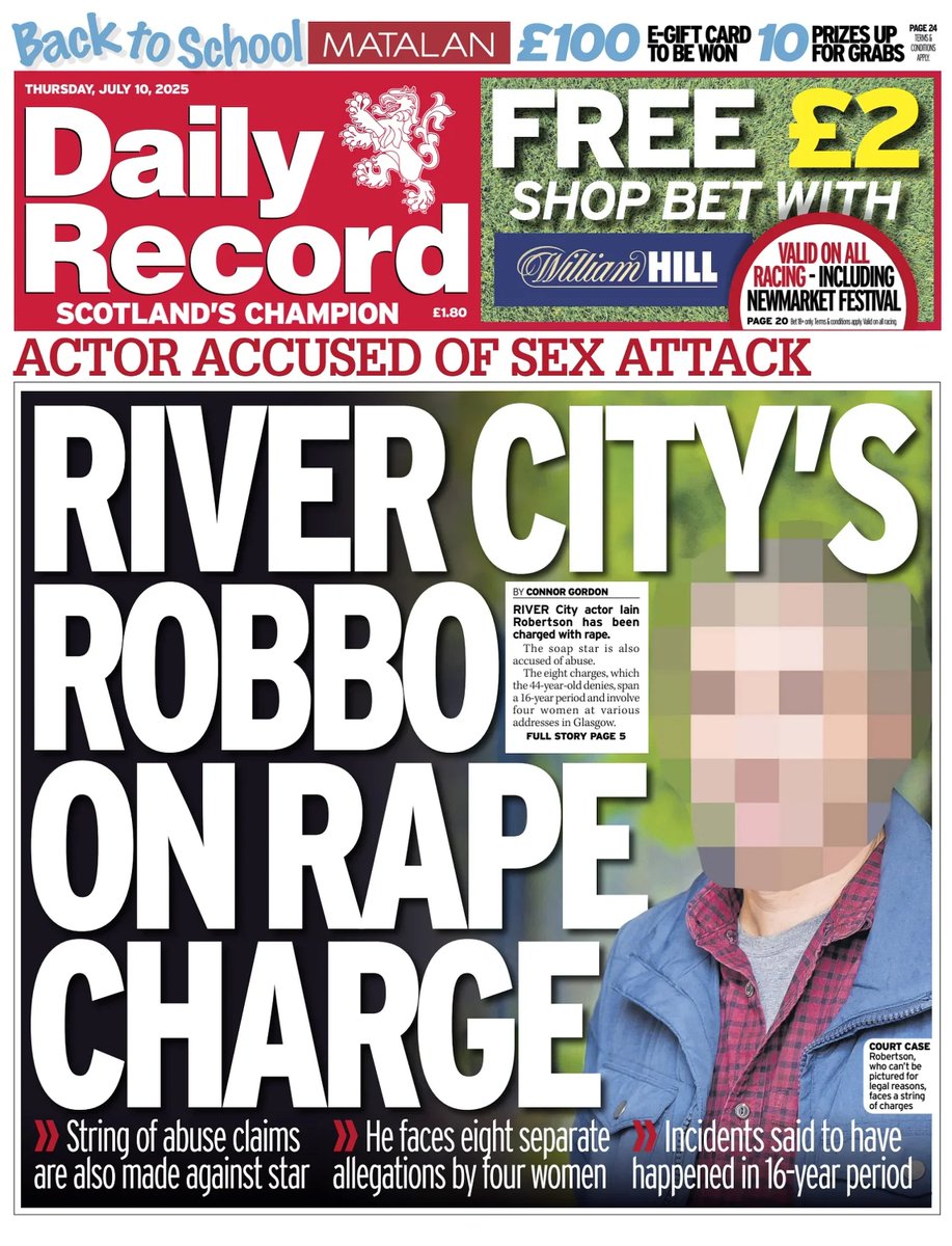 🇬🇧 River City's Robo On Rape Charge

▫Iain Robertson faces a total of eight charges which span between January 2004 and April 2020.
▫<a href="/ConnorGordon_/">Connor Gordon</a>
▫is.gd/SstXav

#frontpagestoday #UK <a href="/Daily_Record/">The Daily Record</a>