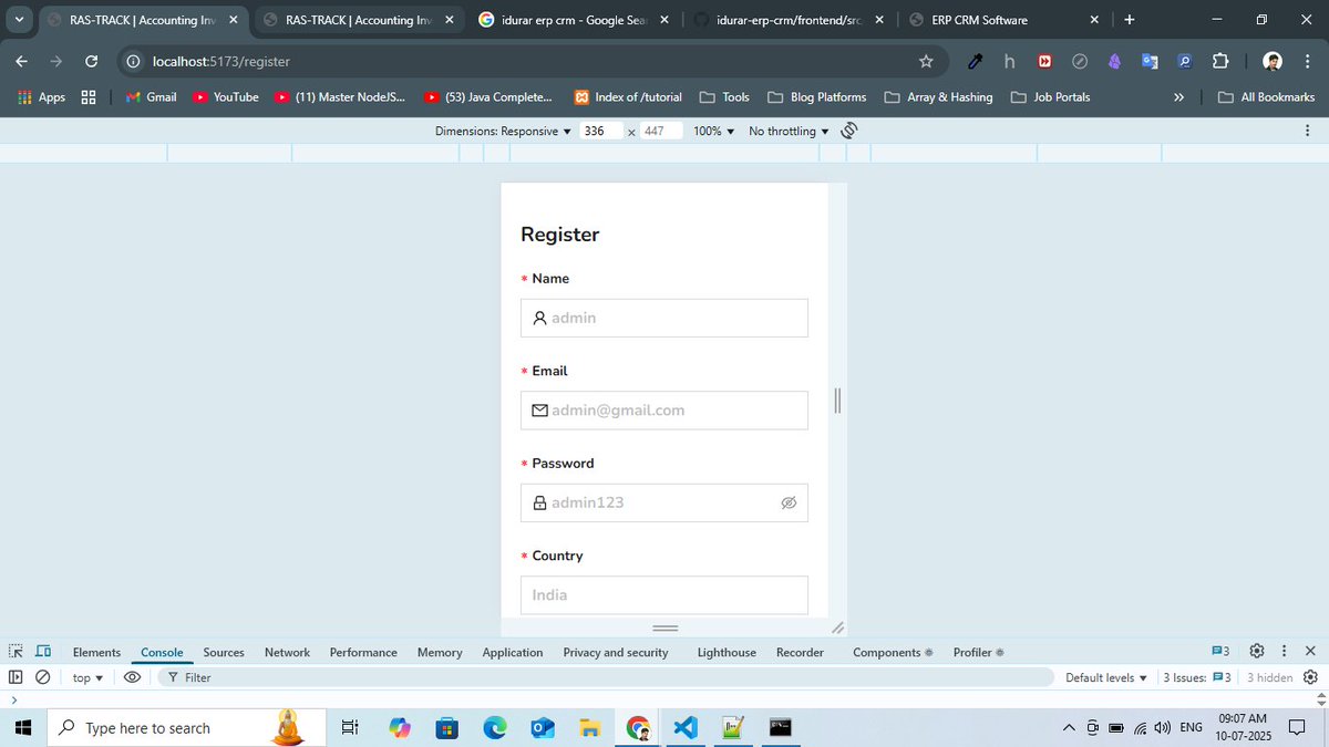 rasprogrammer's tweet image. Just completed the Registration Page UI for my ERP system – RAS-TRACK 🚀Clean, responsive, and ready for auth integration 📷 📷ras-track #ReactJS #ERP #OpenSource #WebDev #100DaysOfCode #devlog