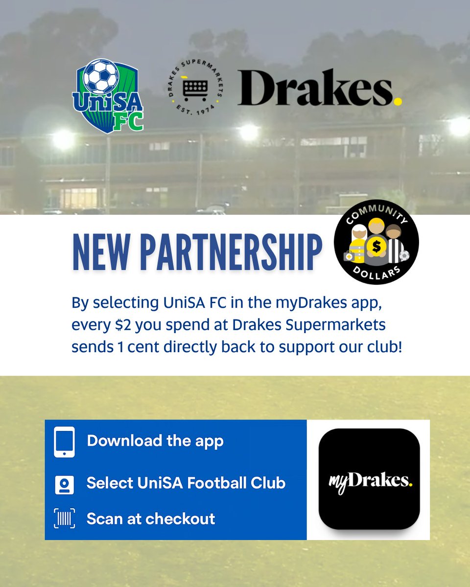 unisa_fc's tweet photo. Hey UniSA FC members, fans and community champions! You can now support our club every time you shop at Drakes Supermarkets!

Your support means the world to us. Let's score big together!

#UniSAFC #TeamUniSA #mydrakes #DrakesSupermarkets #CommunitySupport https://t.co/u9CxhwNgLh