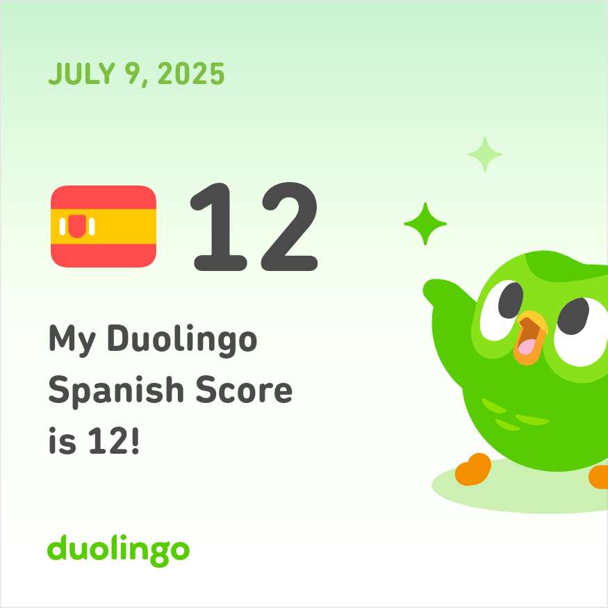 WritergirlMarie's tweet photo. My Duolingo Spanish Score is 12! https://t.co/pMbJCJlQwf