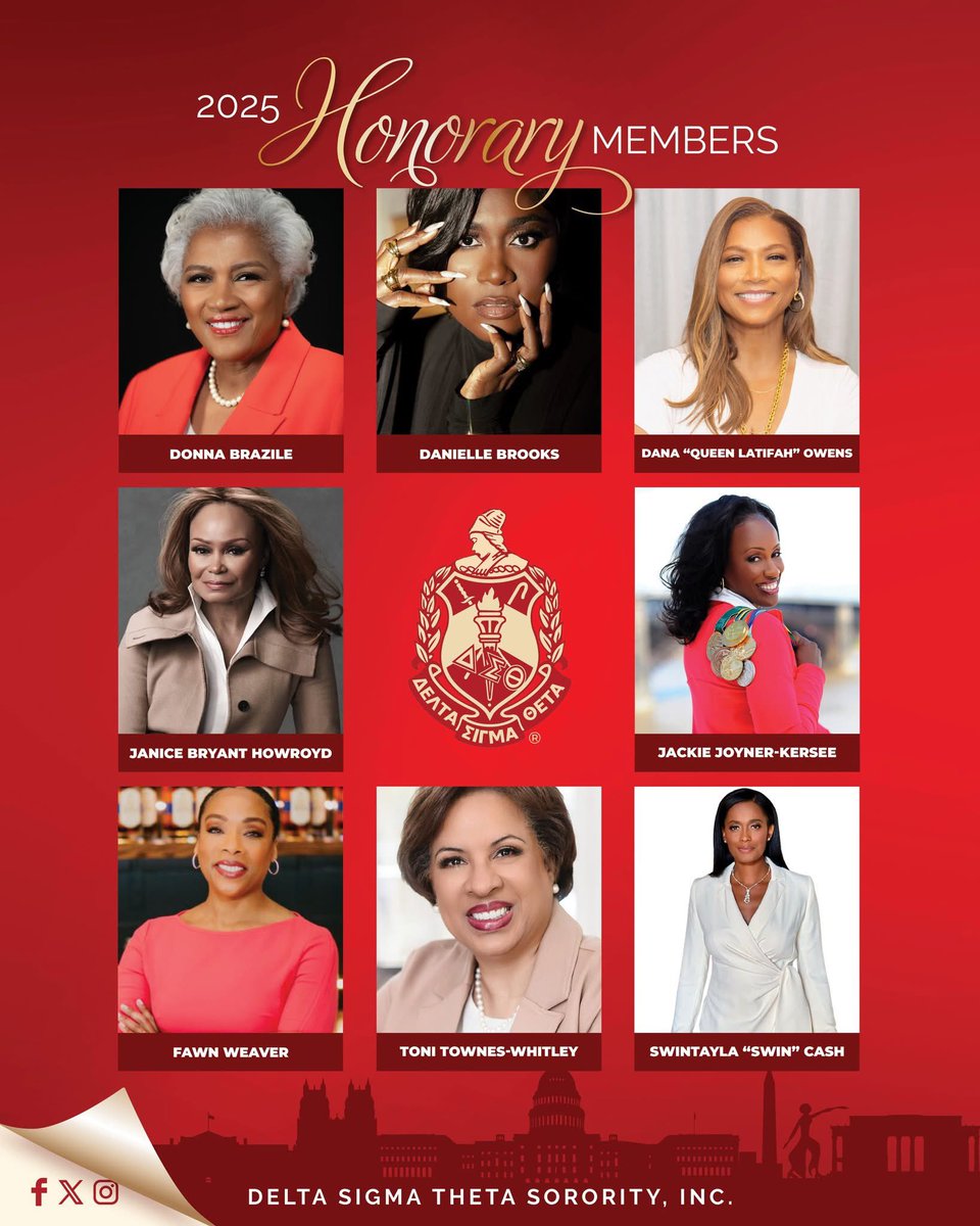 Holly_Lawson713's tweet photo. Delta Sigma Theta Sorority, Inc. new honorary member at 57th National Convention in D.C.
Donna Brazile, Danielle Brooks, Dana “Queen Latifah” Owens, Janice Bryant Howroyd, Jackie Joyner-Kersee, Fawn Weaver, Toni Townes-Whitley, and Swin Cash
#DST1913 #DSTConvention2025 #DST57 https://t.co/P4AofQ1Ll3