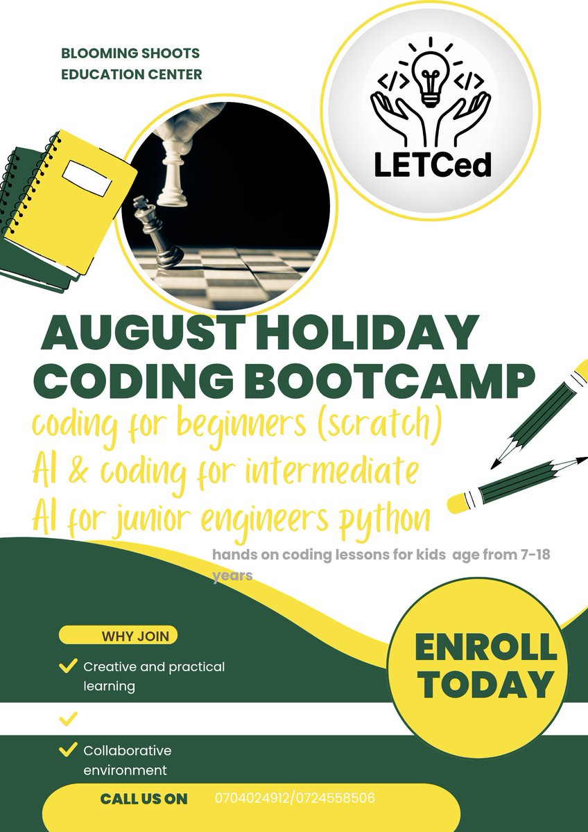 Letc_ed's tweet photo. ๐ August Holiday Boot Camp is HERE!
๐ฎ Code games with Scratch
๐ Build apps with Python
๐ค Train your own AI model
๐ Ages 9โ17 | No experience needed
๐ Blooming Shoots Ed Center, Kasarani
๐ฒ Book now: 0704024912
#AI4Kids #CodingBootcamp #LETCed #AugustCamp #STEM https://t.co/H0ReoH6hHp