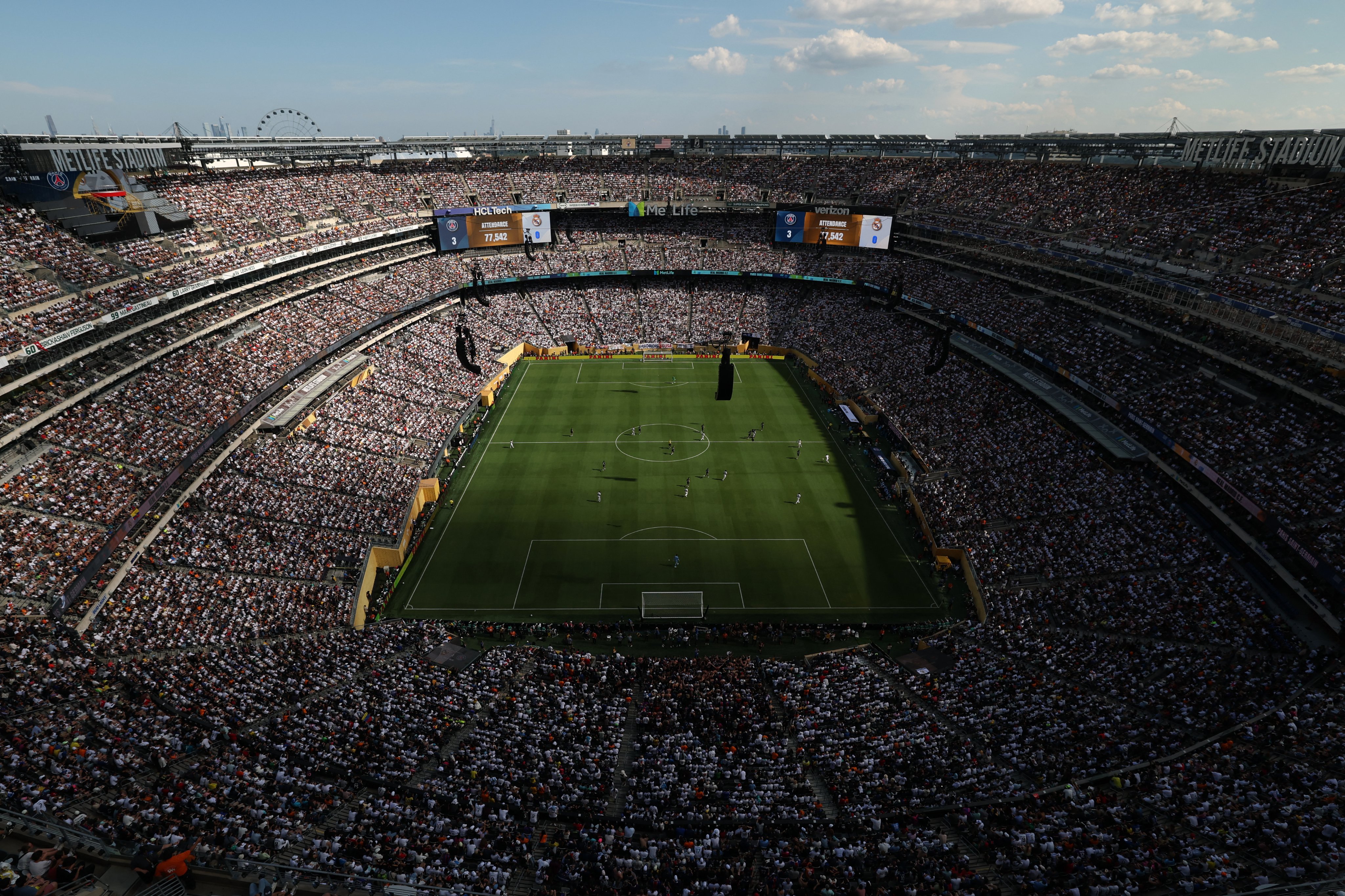An aerial shot of fans at the MetLife Stadium in New York New Jersey during the FIFA Club World Cup 2025 semifinal football match between France's Paris Saint-Germain and Spain's Real Madrid C.F.