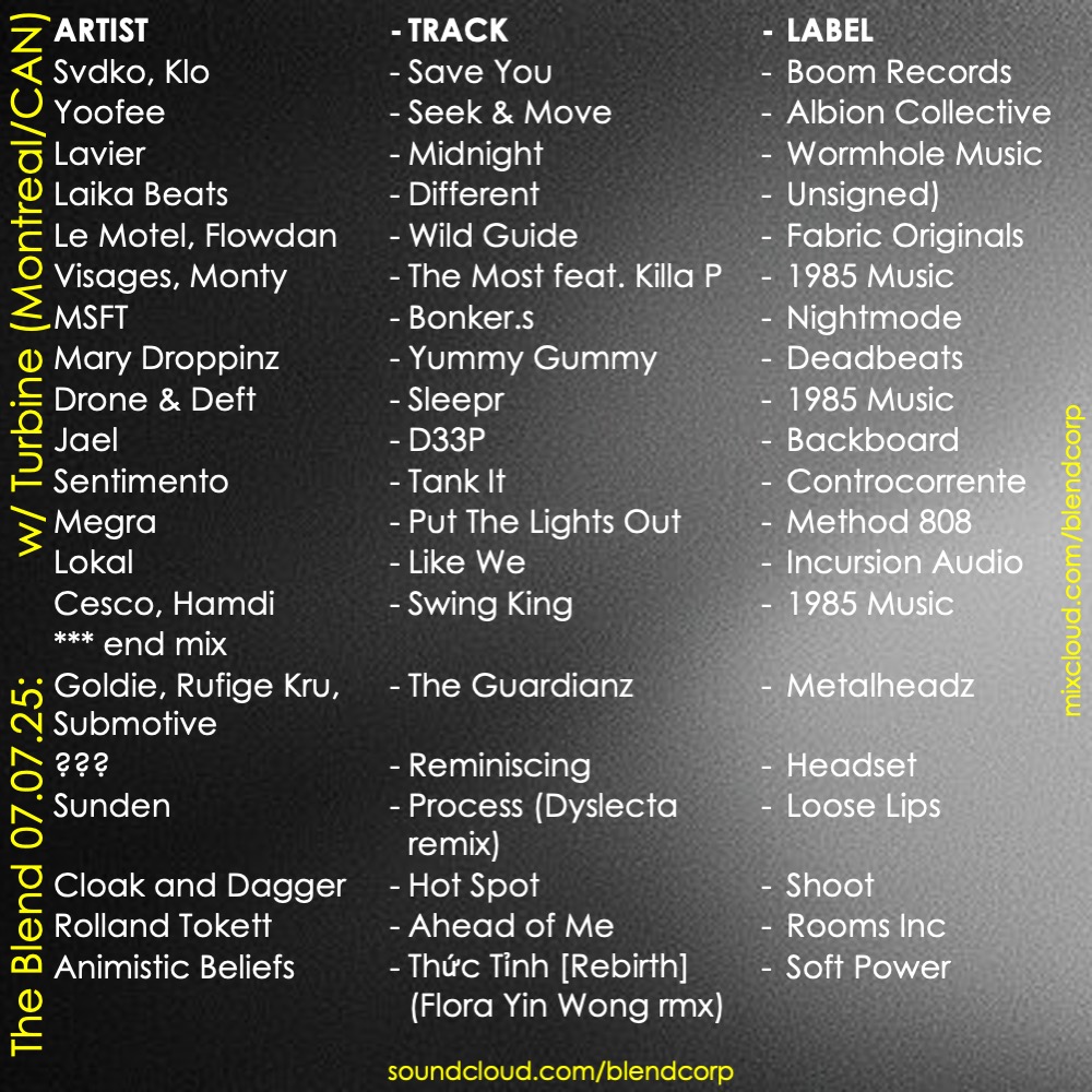 blendcorp's tweet image. The Blend trax on PBS 106.7FM:

w/ guest Turbine (Montreal/CAN)  

+ new Crown &amp;amp; Country, Wrecked Lightship, Client_03, Old Man Crane, D1, WZ, Mantra, Legion, Leo Gibbon, Trim, Rufige Kru, Cloak and Dagger, Rolland Tokett, Animistic Beliefs.

Listen back:
soundcloud.com/blendcorp/the-…