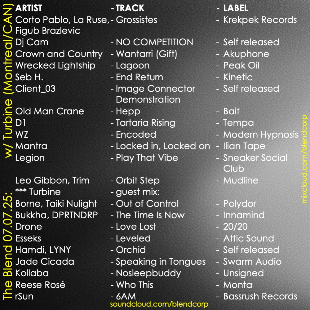 blendcorp's tweet image. The Blend trax on PBS 106.7FM:

w/ guest Turbine (Montreal/CAN)  

+ new Crown &amp;amp; Country, Wrecked Lightship, Client_03, Old Man Crane, D1, WZ, Mantra, Legion, Leo Gibbon, Trim, Rufige Kru, Cloak and Dagger, Rolland Tokett, Animistic Beliefs.

Listen back:
soundcloud.com/blendcorp/the-…