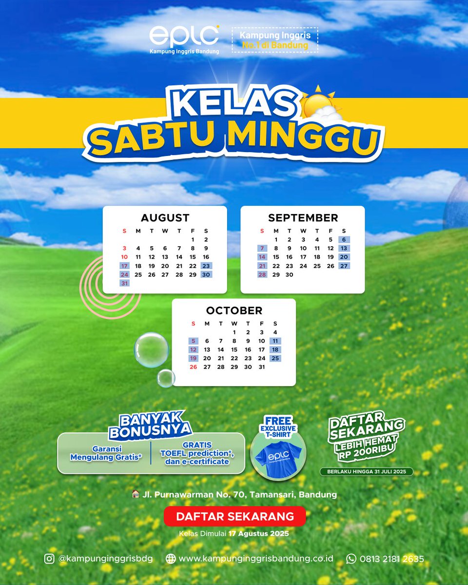 inggrisbdg's tweet photo. 📍 Pilih cara belajarmu:
🎓 Kelas Reguler (Senin–Jumat) – Tersedia di 3 lokasi:

📍Jl. Purnawarman No. 70, Tamansari, Kota Bandung
📍Jl. Sarimanah No. 45, Sarijadi, Kota ng
📍 Gedung Jacopo, Jl.Raya.Jatinangor, Jatinangor, Kabupaten Sumedang https://t.co/RuuTCZlU2M