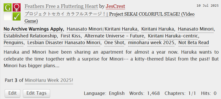 JesCrest's tweet image. Feathers Free a Fluttering Heart
archiveofourown.org/works/67329478
Minori has a special gift for Haruka! Will either of them survive? ๐ง(ok so basically I put Minori in a box with a penguin costume ๐)
Here's my contribution for Day 3: Fanservice!
#MinoHaruWeek2025 #minoharu #ใฟใฎใฏใ