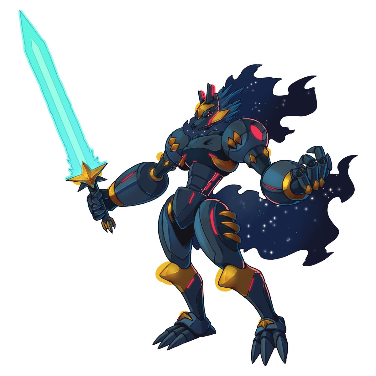 JuniorM15640352's tweet image. Lyulfmon
Attacks: Pulsar Slash- Slices with its sword sending plasma cuts.
Frozen Starstorm- Its blade creates a storm of stars and asteroids.
Astron Legion- Constellation warriors materialize from its mane and tail.
#digifake #digimonoc #digipartner #digifan #fandigimon #digimon