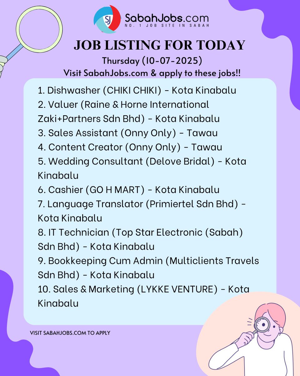 Thursday (10-07-2025) Latest Jobs Sabah Today

APPLY ALL LATEST JOBS AT SabahJobs.com