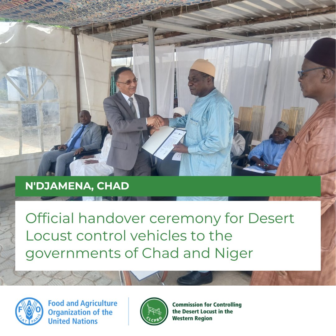 FAOCLCPRO's tweet photo. 🛻 N'Djaména 🇹🇩 - On 9 July 2025, the @clcpro_fao handed over all-terrain vehicles to Chad (4) and Niger (2) to strengthen their capacity to face the #DesertLocust threat in the region
#LocustControl #FIRO #RegionalSolidarity https://t.co/qGW4ds62DB