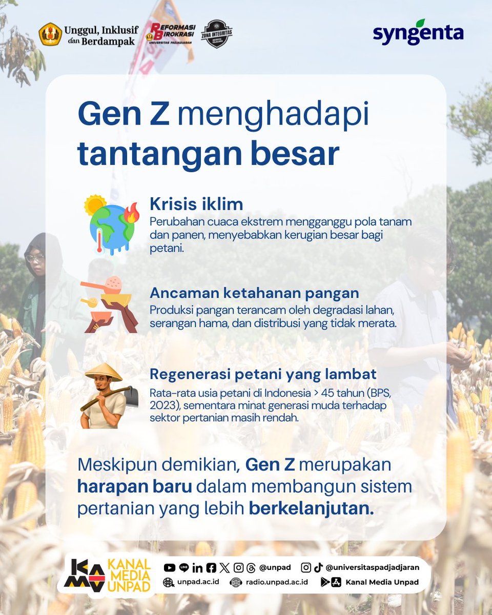 unpad's tweet image. Regenerasi petani di Indonesia menghadapi tantangan serius.

Gen Z, dengan literasi digital yang tinggi, kepedulian terhadap isu lingkungan, dan kemampuan beradaptasi cepat, memiliki peran kunci dalam transformasi ini.