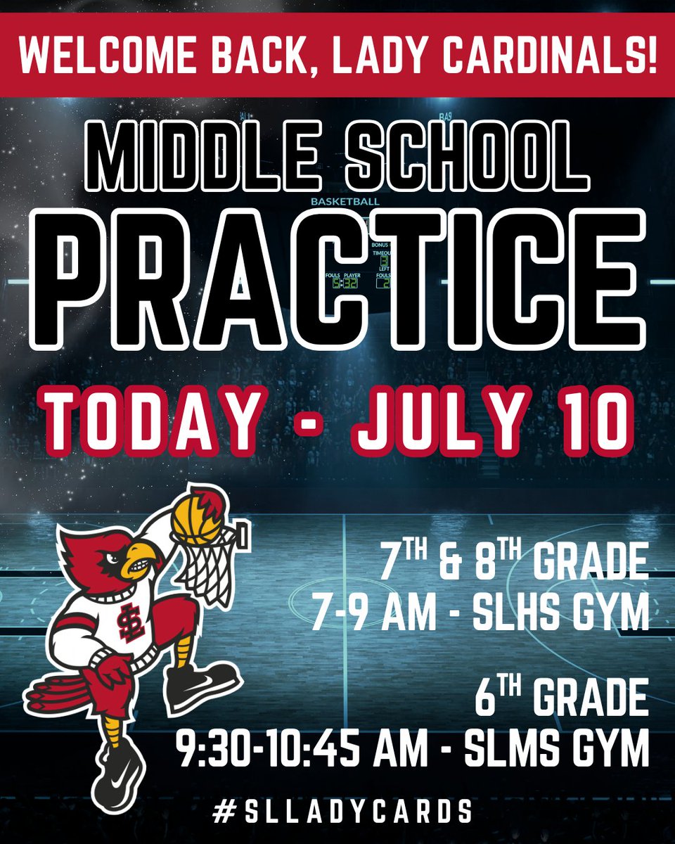 Welcome back, Lady Cardinals! Dead period is officially over and it’s time to WORK! 
Middle School Girls practice THIS MORNING!

GO CARDS! #slladycards