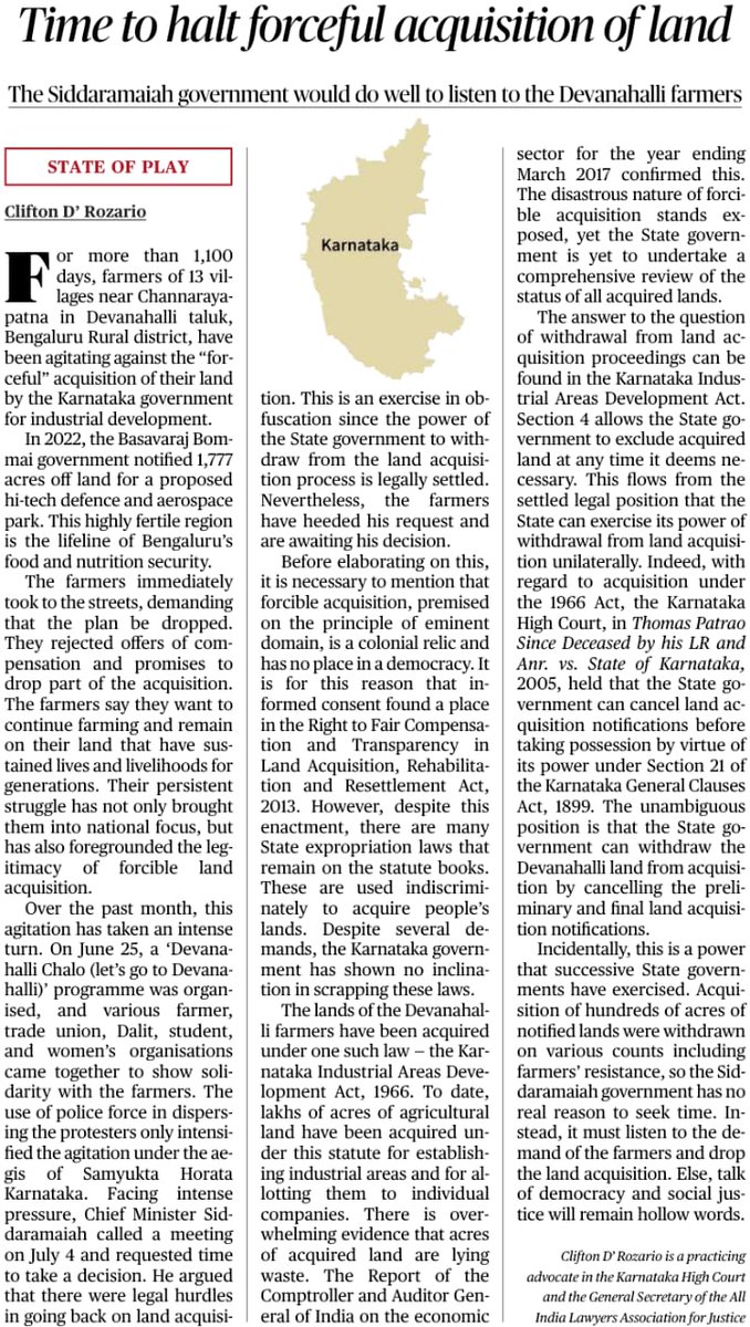 Comrade <a href="/clifroz/">Clifton D' Rozario</a>, secretary of Karnataka unit of <a href="/cpimlliberation/">CPIML Liberation</a>, writes in <a href="/the_hindu/">The Hindu</a> against the forcible land acquisition drive in Devanahalli taluk of Bengaluru Rural district