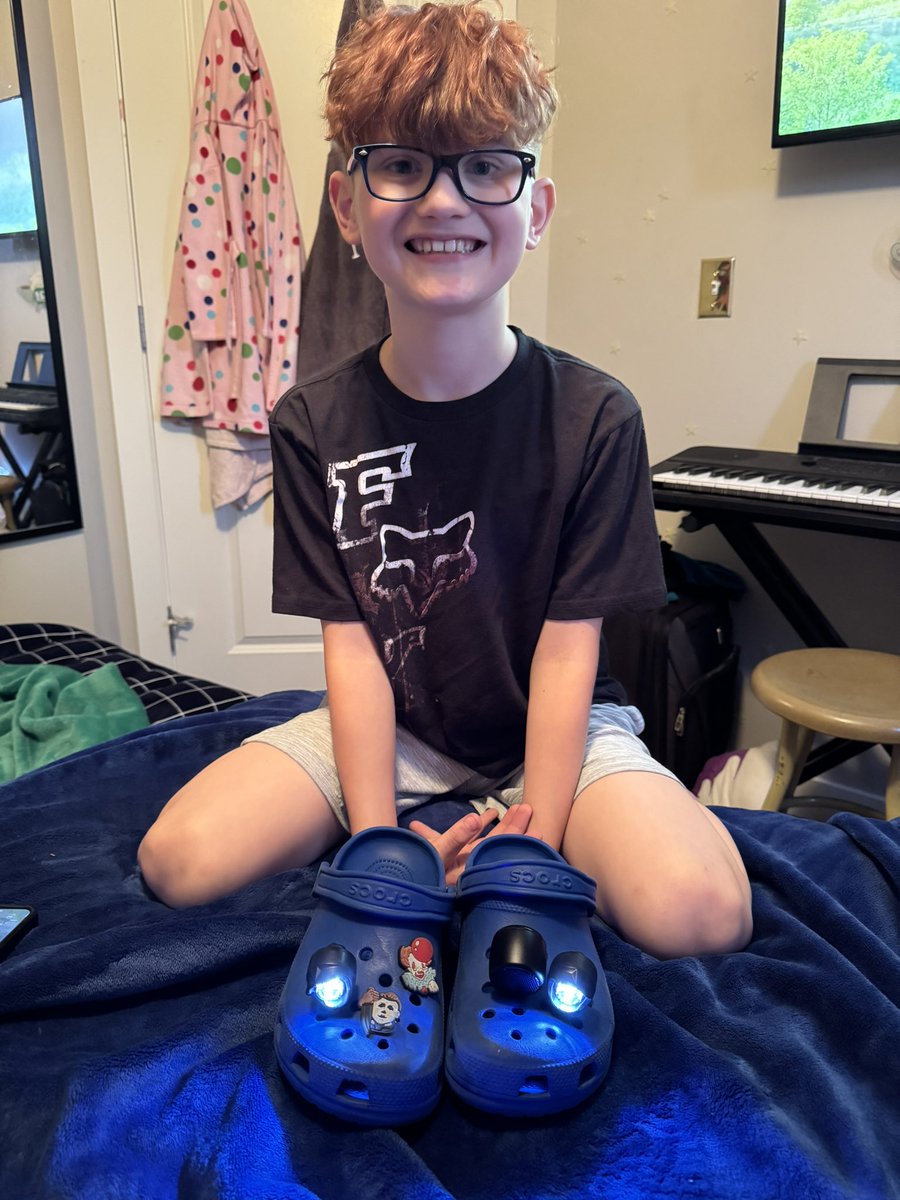 Crocs fully loaded for camping 😂😂 headlights and a speaker 💜