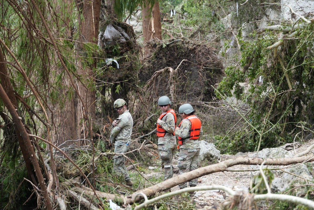 TXMilitary's tweet image. Dedicated Service Members continue searching by air and on land in flood-impacted areas across Central Texas. The Texas National Guard will not leave until our communities recover.