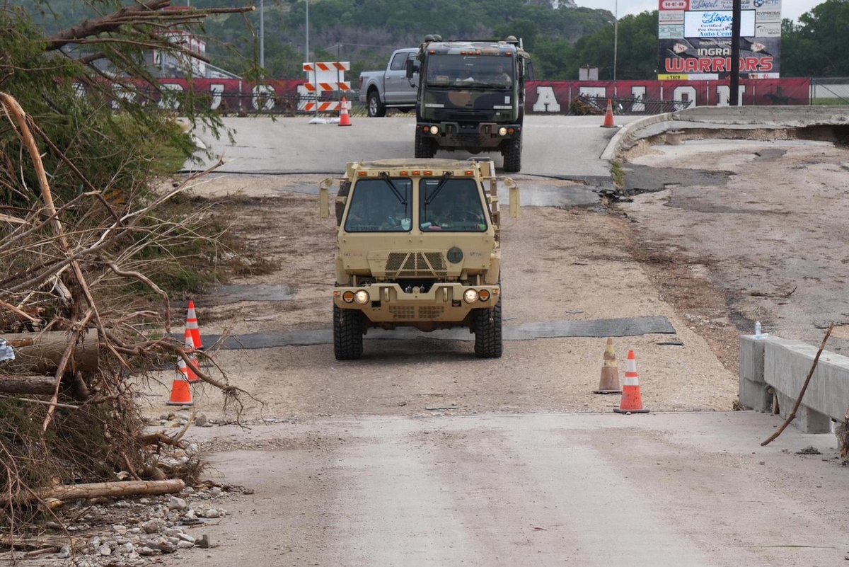 TXMilitary's tweet image. Dedicated Service Members continue searching by air and on land in flood-impacted areas across Central Texas. The Texas National Guard will not leave until our communities recover.