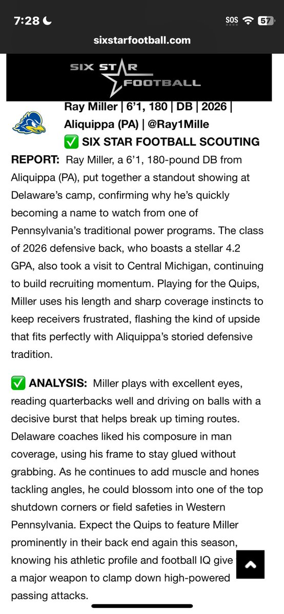 Ray1Mille's tweet image. Thank you @sixstarfootball for the write up I appreciate the recognition
@delaware_fb @Coach_Rojas_UD @wpialsportsnews @WPIAL_Insider @vpat122 @GuruMiller26 @1ManMilitia2