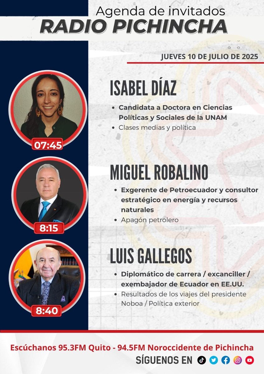 Radio Pichincha (@radio_pichincha) on Twitter photo 📌 #Agéndalo || Este jueves 10 de julio sigue las entrevistas de 🎙
#PuntoNoticias primera emisión:
🗣 07h45: <a href="/isabeldiazec/">Isabel Díaz</a>
🗣 08h15: <a href="/MiguelRoba82172/">Miguel Robalino</a>
🗣 08h40: Luis Gallegos
Por la 📻 95.3FM - 94.5 FM al noroccidente de Pichincha y 📲💻 transmisión en vivo por redes sociales. 📌 #Agéndalo || Este jueves 10 de julio sigue las entrevistas de 🎙
#PuntoNoticias primera emisión:
🗣 07h45: <a href="/isabeldiazec/">Isabel Díaz</a>
🗣 08h15: <a href="/MiguelRoba82172/">Miguel Robalino</a>
🗣 08h40: Luis Gallegos
Por la 📻 95.3FM - 94.5 FM al noroccidente de Pichincha y 📲💻 transmisión en vivo por redes sociales.