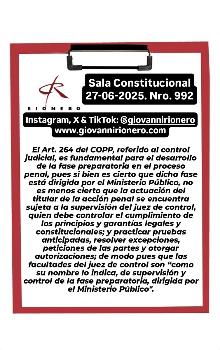 GiovanniRionero's tweet photo. #ControlJudicial Reciente sentencia en la cual se reitera que el Art. 264 del COPP, referido al control judicial, es fundamental para el desarrollo de la fase preparatoria en el proceso penal, pues si bien es cierto que dicha fase está dirigida por el Ministerio Público, no es menos cierto que la actuación del titular de la acción penal se encuentra sujeta a la supervisión del juez de control.
#DerechoPenal
#DerechoPenalEspecial
#DerechoProcesal
#ProcesalPenal
#ProcesoPenal
#Proceso
#Abogado
#Justicia
#Litigio
#Tribunales
#Fiscalía
#Venezuela
#Jurisprudencia
#Acusación
#Delitos
#Autos
#Sentencia
#Abogados
#Defensor
#Investigación
#AudienciaPreliminar 
#Imputado
#Víctima
#Tribunal
#Sobreseimiento
#Recursos
#Juicio
#Defensa