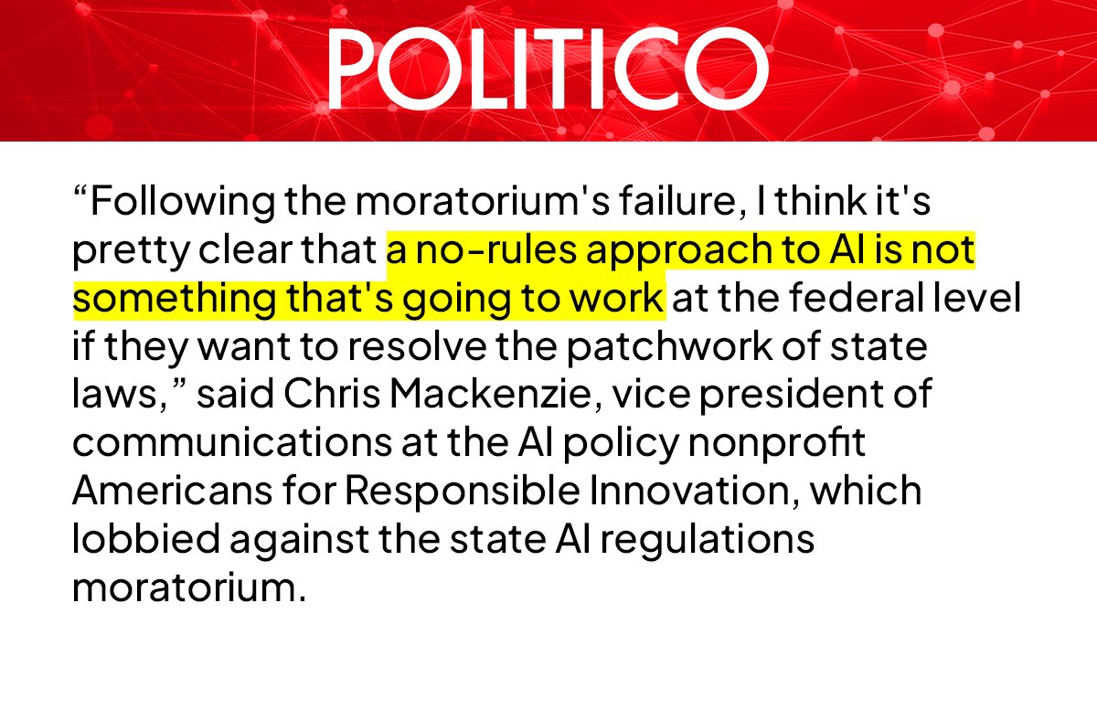 americans4ri's tweet image. For preemption to work, Congress must pass meaningful guardrails at the federal level, replacing the state laws they preempt.
A no-rules approach to AI sets America back.
Full article: subscriber.politicopro.com/newsletter/202…