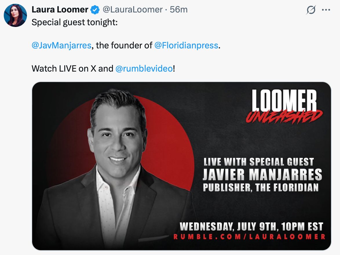 JavManjarres's tweet image. 🚨 𝗧𝗛𝗘𝗬 𝗖𝗔𝗡’𝗧 𝗖𝗘𝗡𝗦𝗢𝗥 US 𝗧𝗢𝗡𝗜𝗚𝗛𝗧:
I'll be joining @LauraLoomer - to say what the mainstream media won't
⏰ 𝗧𝗜𝗠𝗘: 𝟭𝟬𝗣𝗠 𝗘𝗧 @rumblevideo
📲 LIVE ON X - @LoomerUnleashed
🎥 WATCH ON: RUMBLE.COM/LOOMERUNLEASHED