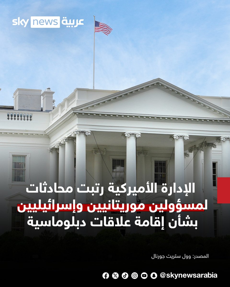 وول ستريت جورنال: الإدارة الأميركية رتبت محادثات لمسؤولين موريتانيين وإسرائيليين بشأن إقامة علاقات دبلوماسية
 #سوشال_سكاي
#إسرائيل
#موريتانيا