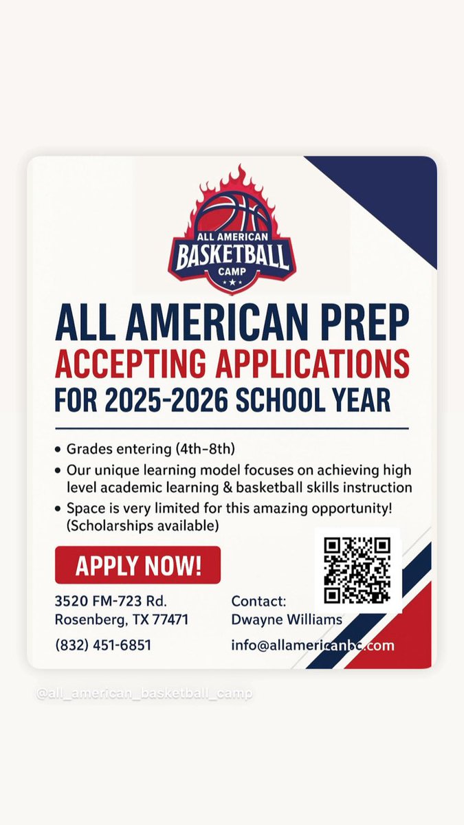 🚨MAJOR ANNOUNCEMENT

🎉 Big News! The launch of our All American Prep School!  Get ready for a fresh take on learning in a supportive, small-group environment while enhancing your basketball skills. Learn more and enroll now!
#microschool #newopening #rosenbergtx #education