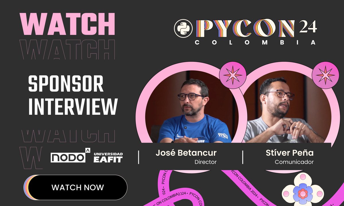pyconcolombia's tweet image. José Betancur Nodo Director and Stiver Peña EAFIT Communicator, talked with us about their experience during PyCon Colombia, among other interesting topics
Watch and share!
youtu.be/kRjxW0I0Zxs
#PyConColombia2024 #EAFIT #Community #Evento #Pycon #interview #python