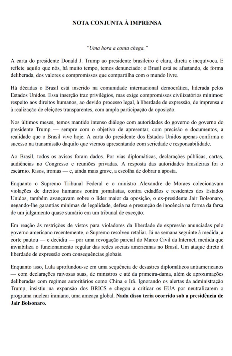 pfigueiredo08's tweet photo. NOTA CONJUNTA À IMPRENSA SOBRE A "TARIFA-MORAES"

Eduardo Bolsonaro
Paulo Figueiredo https://t.co/SRJypCKTl5