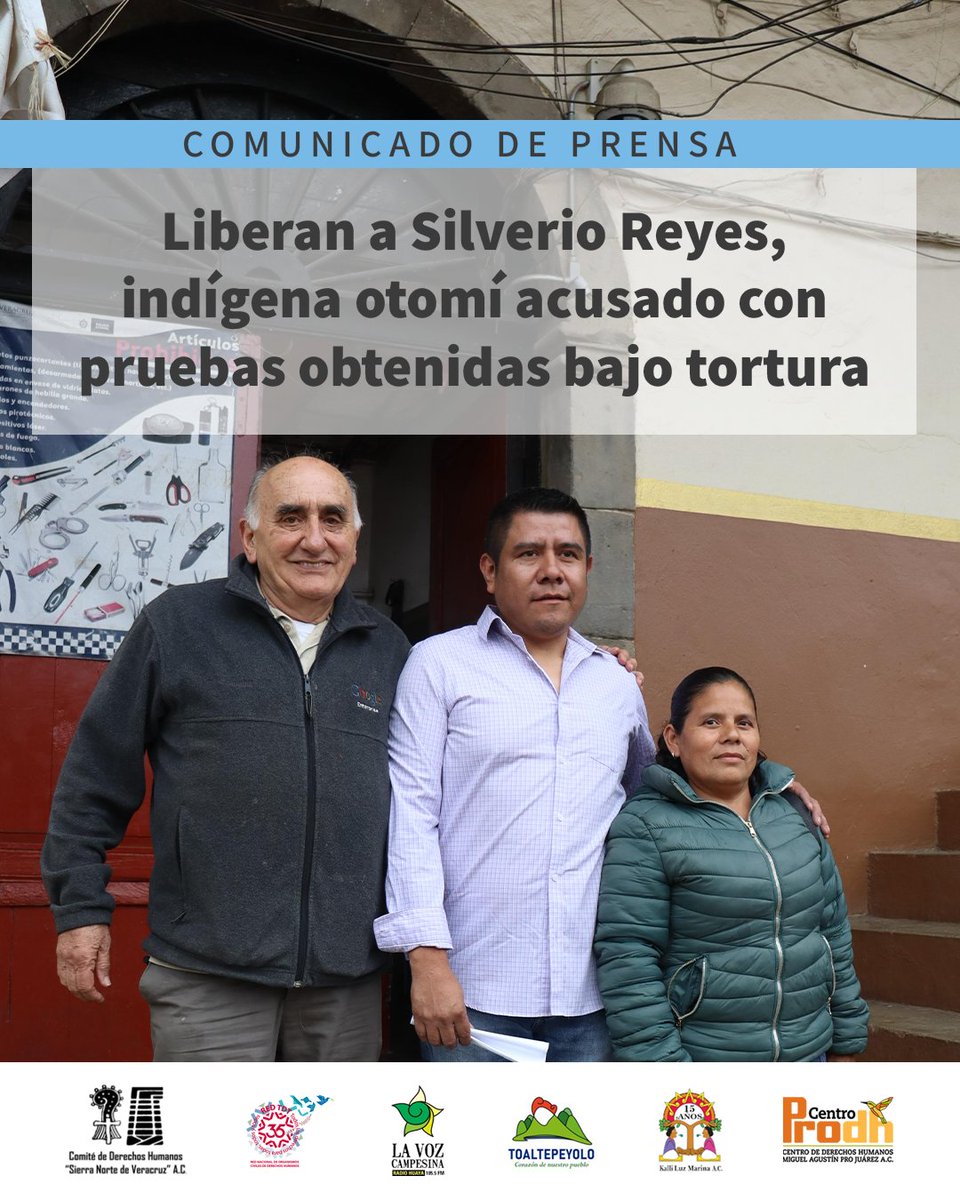 #Importante | Silverio Reyes, indígena otomí, fue liberado tras estar casi 2 años preso injustamente. 

Esta decisión contribuye a que se investigue el caso de Diego Bonilla, quien fue torturado por la Policía Ministerial en 2023 para incriminarlo.

#Comunicado: