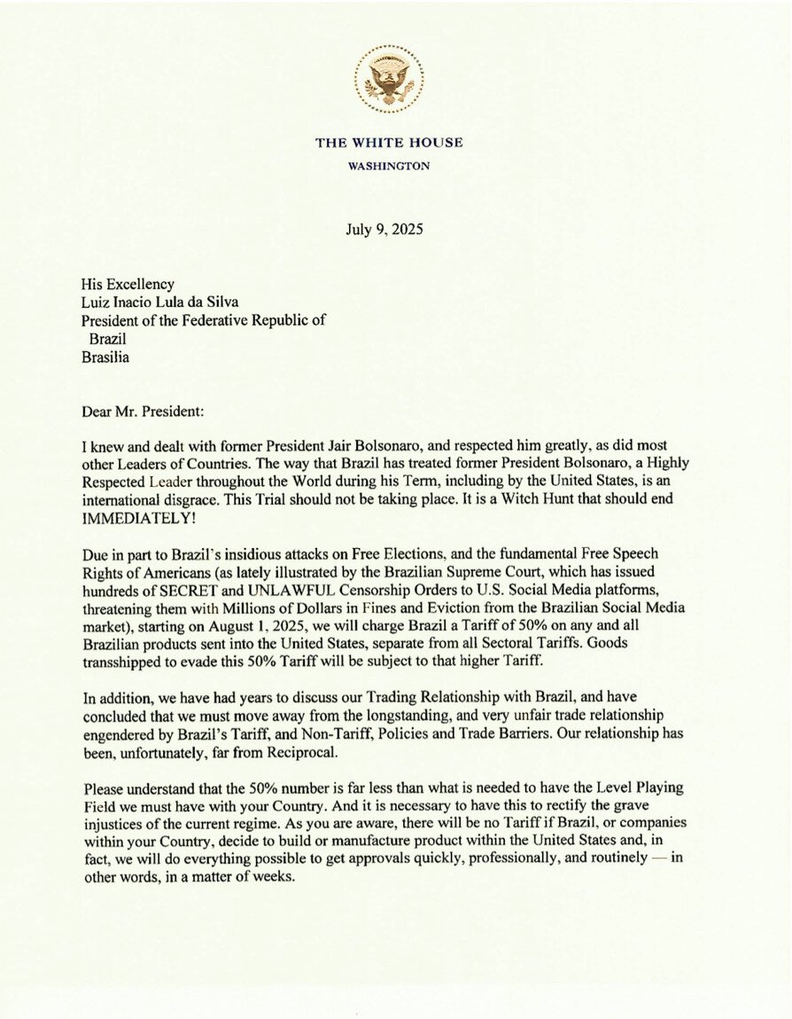fabimenezesp's tweet image. O conteúdo da carta de Trump ao Lula revela uma tentativa explícita de pressão política. Trump solicita que o governo brasileiro interrompa investigações e julgamentos envolvendo o ex-presidente Jair Bolsonaro, a quem se refere como vítima de uma “caça às bruxas”.
Além do apelo…