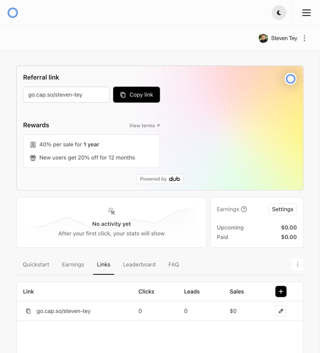Cap’s new referral program is a masterclass at how to build a referral program in 2025.

✦ Fully-embedded inside the app (no external signups required)
✦ Multiple reward tiers to create FOMO
✦ Real-time analytics + leaderboard

Powered by <a href="/dubdotco/">Dub.co</a> 🤩