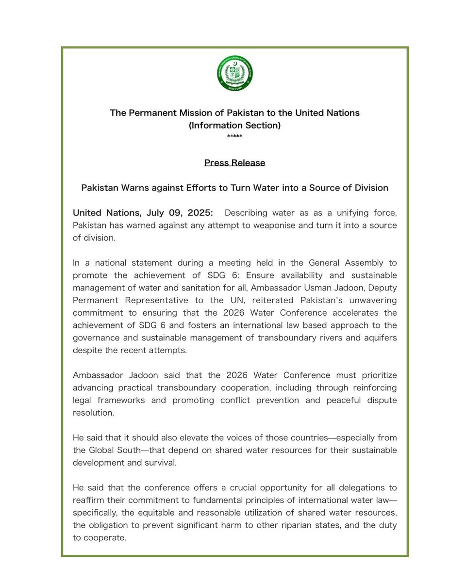 PakistanUN_NY's tweet photo. #PakistanInUN

Pakistan Warns against Efforts to Turn Water into a Source of Division

Our Press Release today