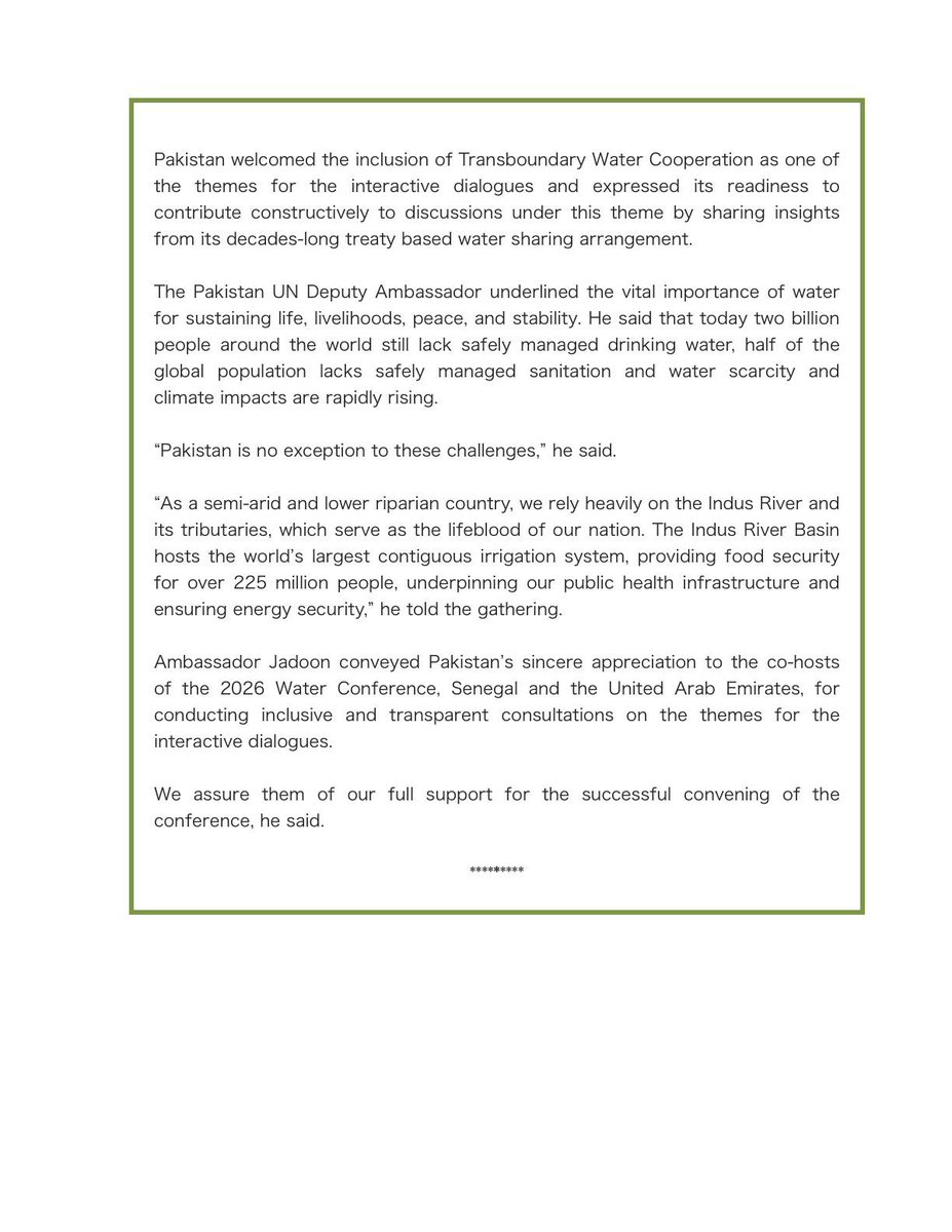 PakistanUN_NY's tweet photo. #PakistanInUN

Pakistan Warns against Efforts to Turn Water into a Source of Division

Our Press Release today