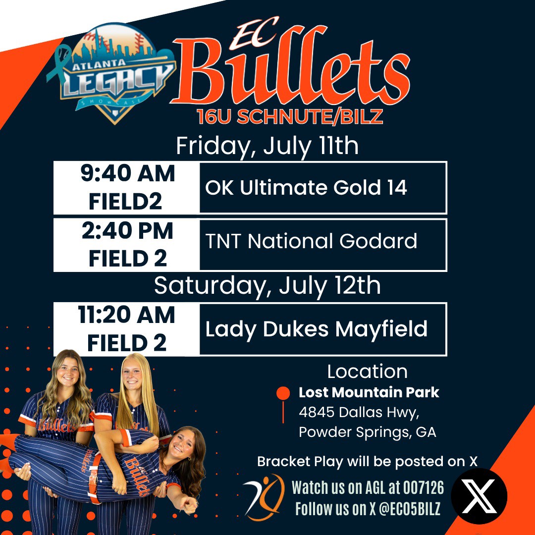 EC Bullets Schnute/Bilz 16u (@ec05bilz) on Twitter photo Can't wait to get after it with the squad starting Friday at Lost Mountain Park!!
Coaches, we hope to see you again this weekend in the Heat 🥵
<a href="/AtlLegacyInvite/">Atlanta Legacy Invitational</a> Can't wait to get after it with the squad starting Friday at Lost Mountain Park!!
Coaches, we hope to see you again this weekend in the Heat 🥵
<a href="/AtlLegacyInvite/">Atlanta Legacy Invitational</a>