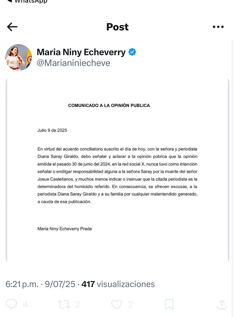 DianaSaray's tweet image. ATENTOS: Primera retractación con ocasión de la infamia que han armado en mi contra, en la que se me señala como determinadora del homicidio del líder Josué Castellanos. @Marianiniecheve, hoy superintendente delegada para la protección al usuario, quien utilizó esta red social…