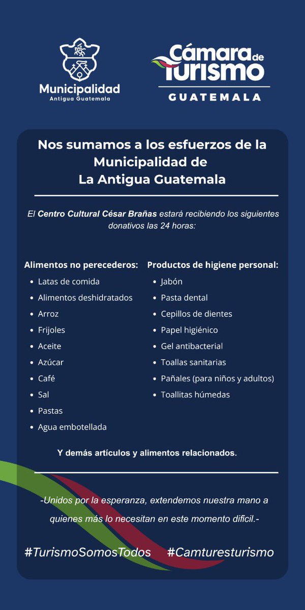 🤝 Nos sumamos a los esfuerzos de <a href="/MuniAntiguaGt/">Municipalidad Antigua Guatemala</a> . Centro Cultural César Brañas recibe donativos las 24 horas para apoyar a las comunidades afectadas.

Puedes colaborar con alimentos no perecederos y productos de higiene personal.

#TurismoSomosTodos #Camturesturismo