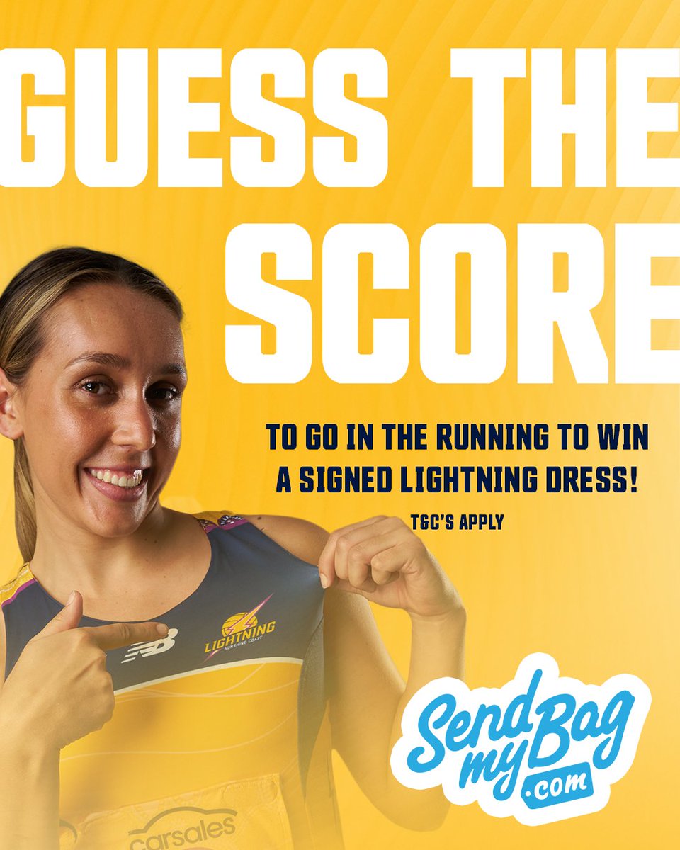 Sunshine Coast Lightning (@sc_lightning) on Twitter photo It all comes down to this weekend! We face the Adelaide Thunderbirds in a must-win match to play finals.
Guess what the score will be and go in the running to win a signed Lightning dress thanks to <a href="/sendmybag/">Send My Bag®</a> ⚡
Leave your guesses below 👇 It all comes down to this weekend! We face the Adelaide Thunderbirds in a must-win match to play finals.
Guess what the score will be and go in the running to win a signed Lightning dress thanks to <a href="/sendmybag/">Send My Bag®</a> ⚡
Leave your guesses below 👇