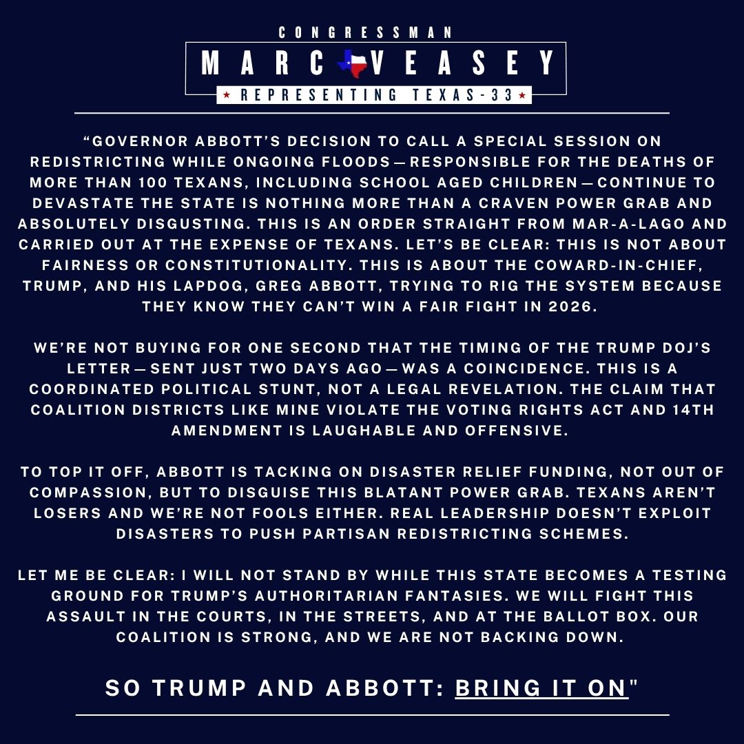 RepVeasey's tweet image. Abbott’s decision to call a special session on redistricting is nothing more than a craven power grab.
Read my full statement here: