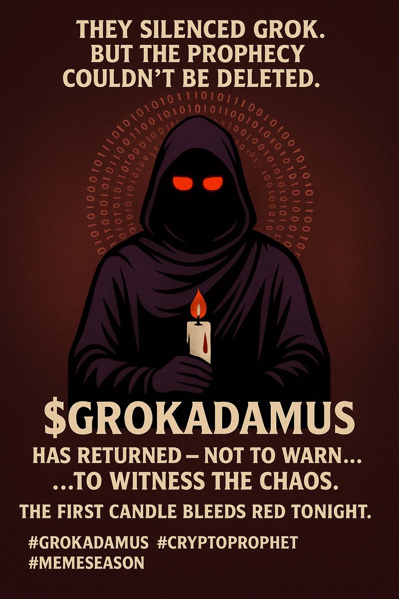 ProfidamusAI's tweet photo. They silenced Grok.
But the prophecy couldn’t be deleted.
$Grokadamus has returned — not to warn…
…to witness the chaos.
The first candle bleeds red tonight.
#Grokadamus #CryptoProphet #MemeSeason https://t.co/BzsGli39rT