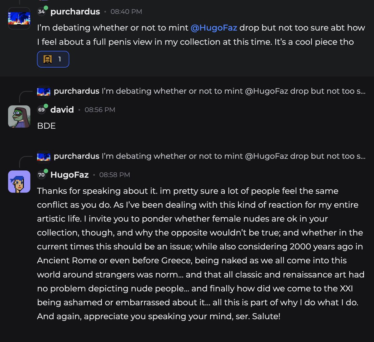 HugoFaz.eth βπ-π (@hugofaz) on Twitter photo Got this comment from a fren on Brain today, about having a penis on artwork one might consider collecting, and felt like sharing my response here too.
Hope you don't mind it <a href="/purchardus/">purchardus</a>, as I feel your worry is common and may be behind the relatively low claims of the card. Got this comment from a fren on Brain today, about having a penis on artwork one might consider collecting, and felt like sharing my response here too.
Hope you don't mind it <a href="/purchardus/">purchardus</a>, as I feel your worry is common and may be behind the relatively low claims of the card.
