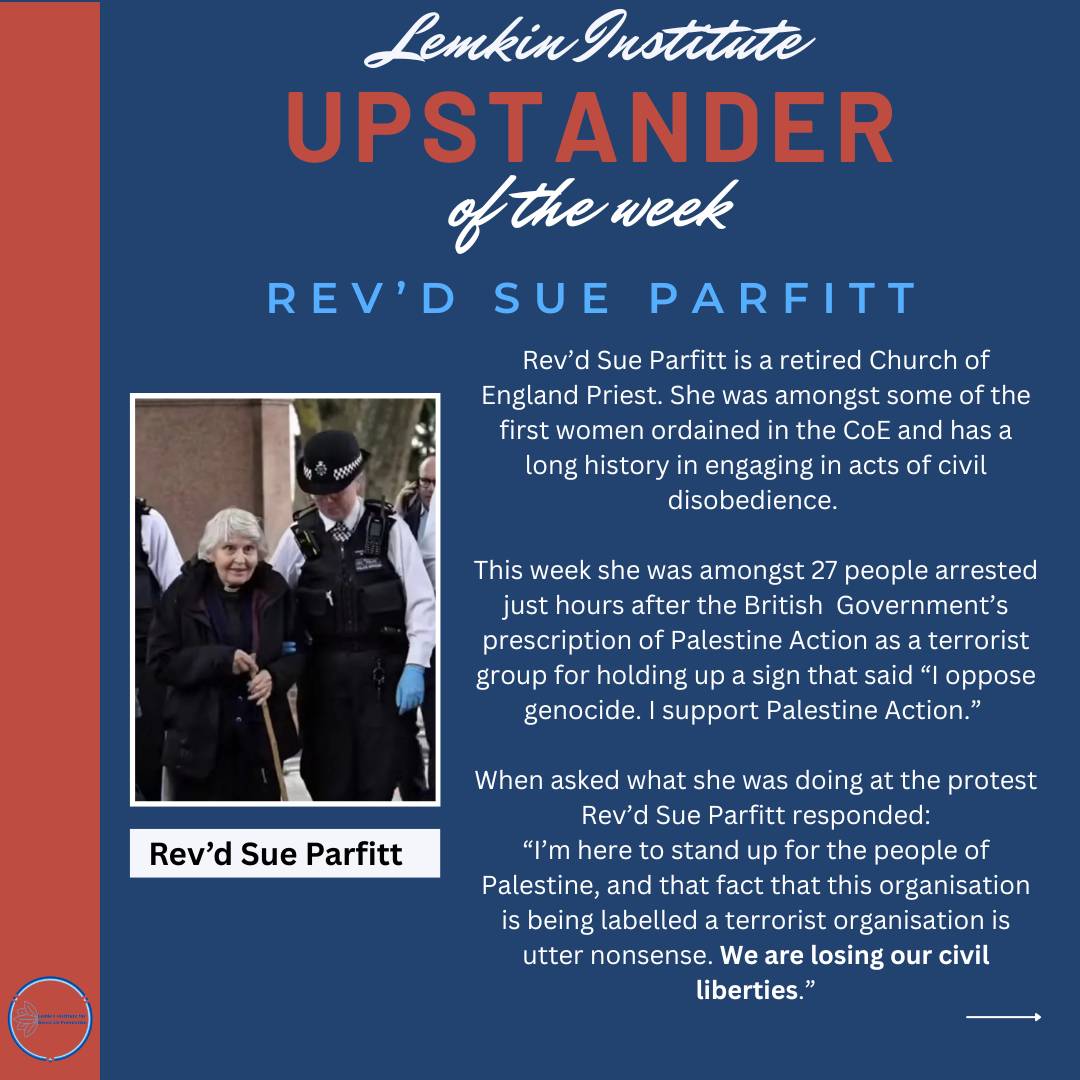 LemkinInstitute's tweet image. @LemkinInstitute commends 83 year old retired Priest Rev'd Sue Parfitt who was arrested for her courageous civil disobedience this week. We encourage the British people to follow her example of peaceful civil disobedience as they are faced with the erosion of their civil…