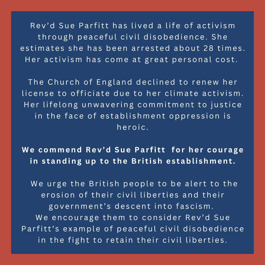LemkinInstitute's tweet image. @LemkinInstitute commends 83 year old retired Priest Rev'd Sue Parfitt who was arrested for her courageous civil disobedience this week. We encourage the British people to follow her example of peaceful civil disobedience as they are faced with the erosion of their civil…